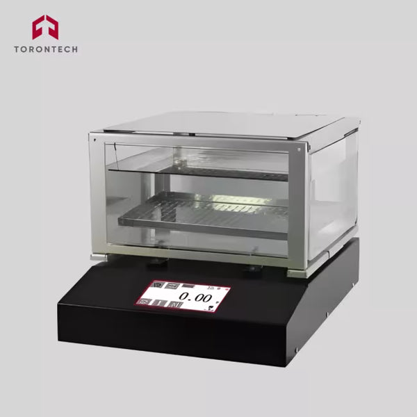 Transparent display case with digital display on a gray background, featuring the Torontotech logo.